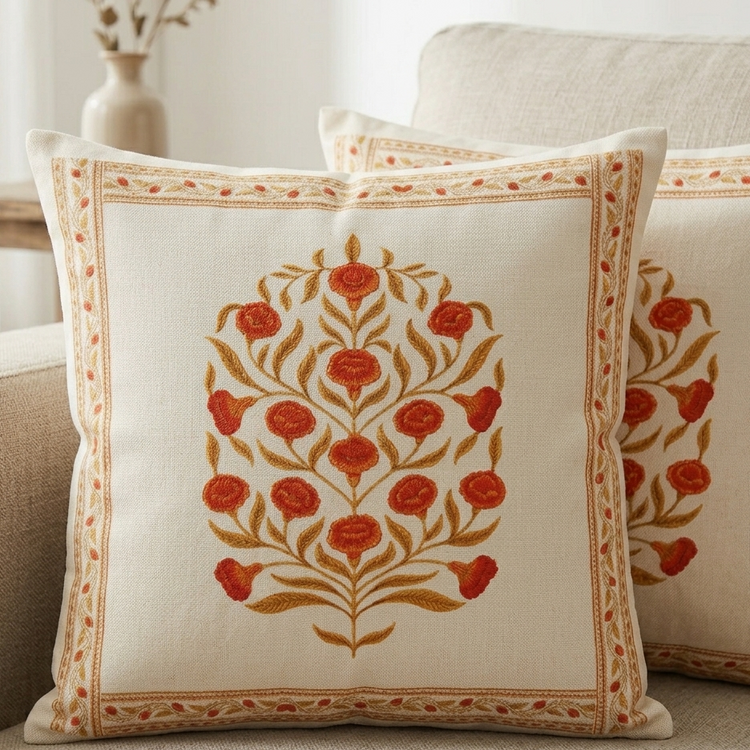 Close view of a cream cushion cover with a symmetrical red and ochre floral tree motif.