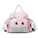 Pale pink zippered bag with a cartoon animal face, gray handles and shoulder strap