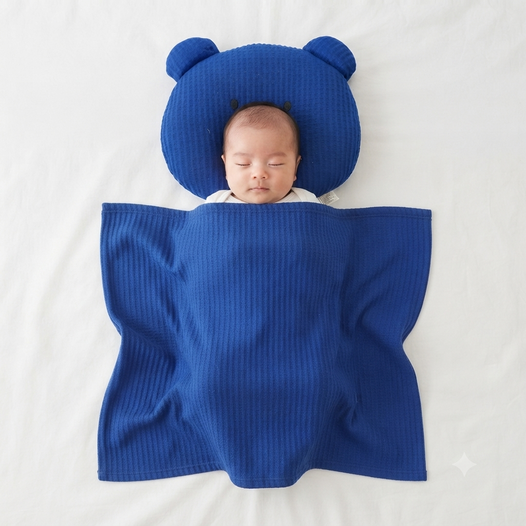 Newborn Head Support Pillow & Cotton Waffle Blanket Set