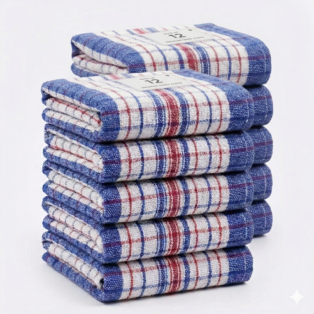 Stack of blue, red and white checked kitchen towels.