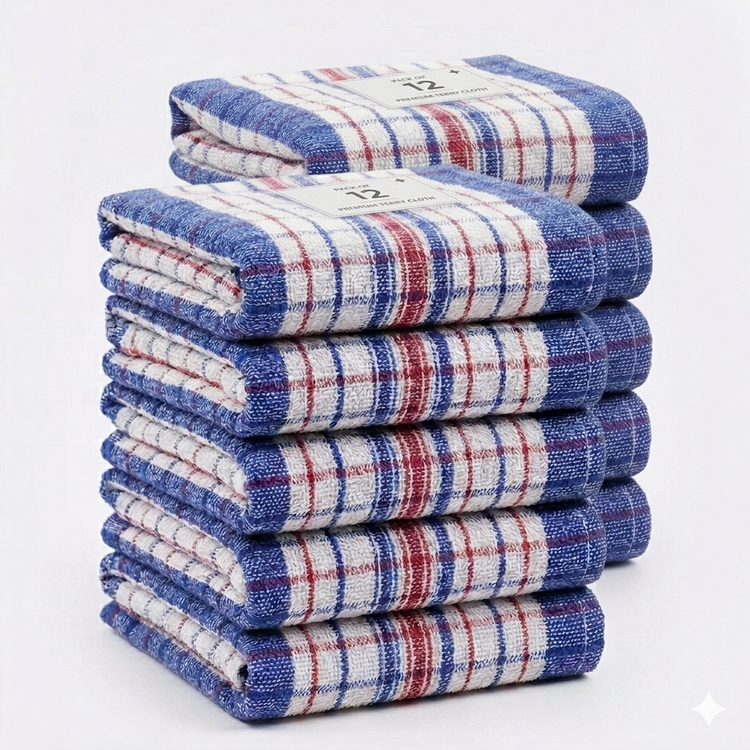 Stack of blue, red and white checked kitchen towels.