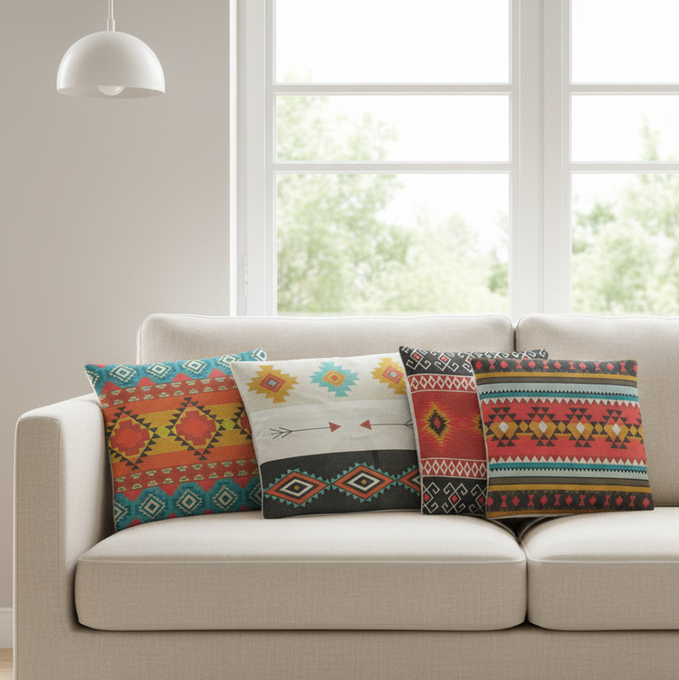 Three colourful geometric cushion covers arranged on a white sofa by a window.