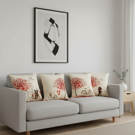 Four cream cushion covers with red tree designs arranged on a light grey sofa.