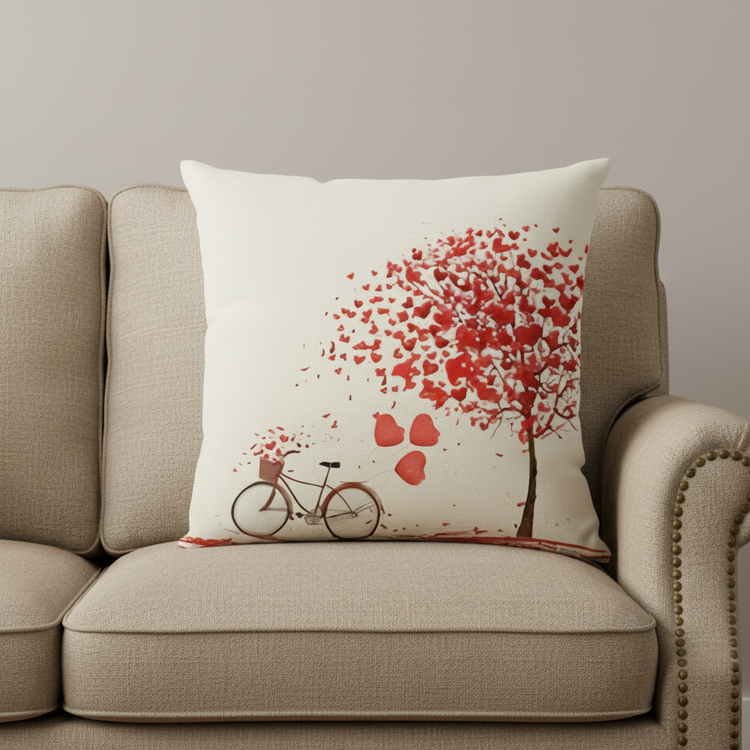 Cream cushion cover with a red heart-shaped tree canopy and a small bicycle.
