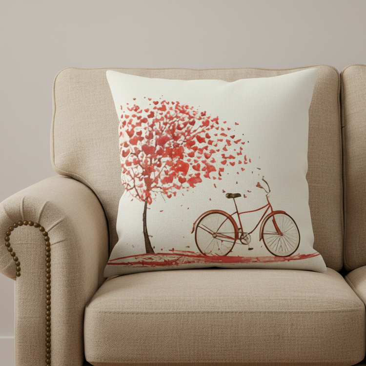 Cream cushion cover with a red leafy tree and a red bicycle.