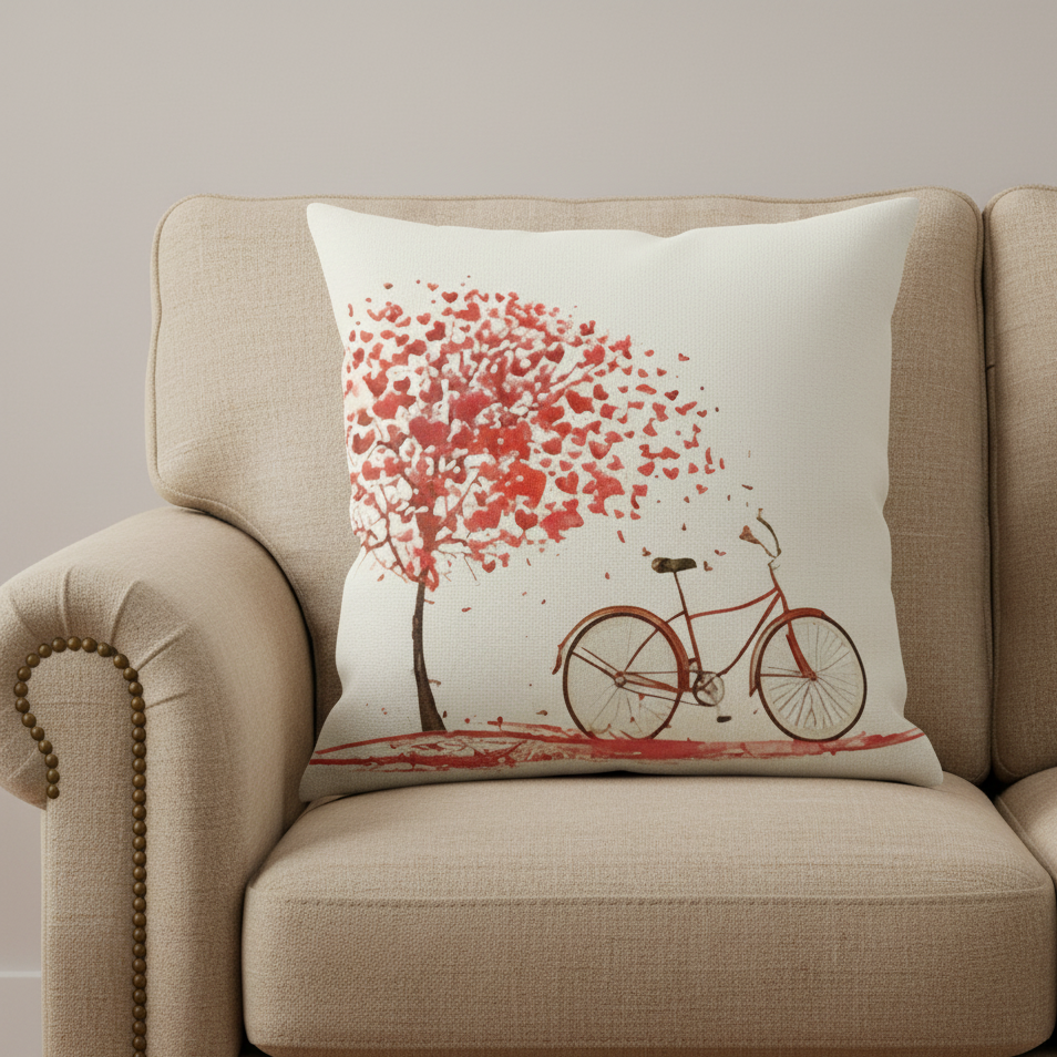 Cream cushion cover with a red leafy tree and a red bicycle.