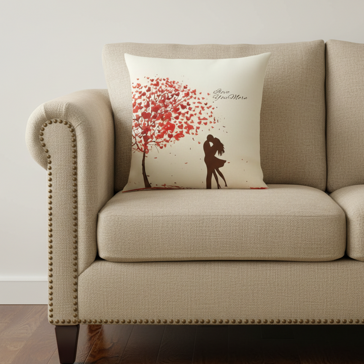 Cream cushion cover with a red leafy tree and a small figure beside it.