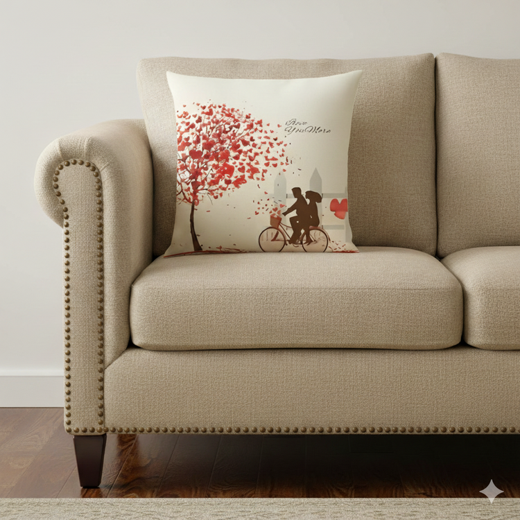 Cream cushion cover with a red leafy tree and two figures beneath it.