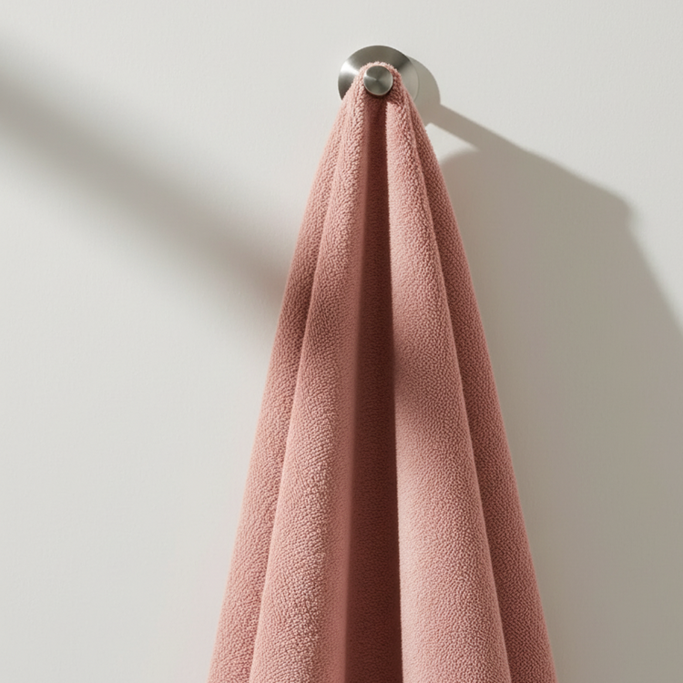 Tea pink bath towel hanging from a wall hook.
