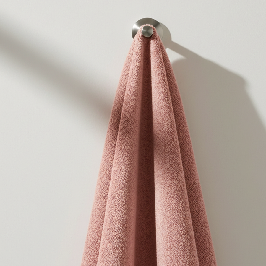 Tea pink bath towel hanging from a wall hook.