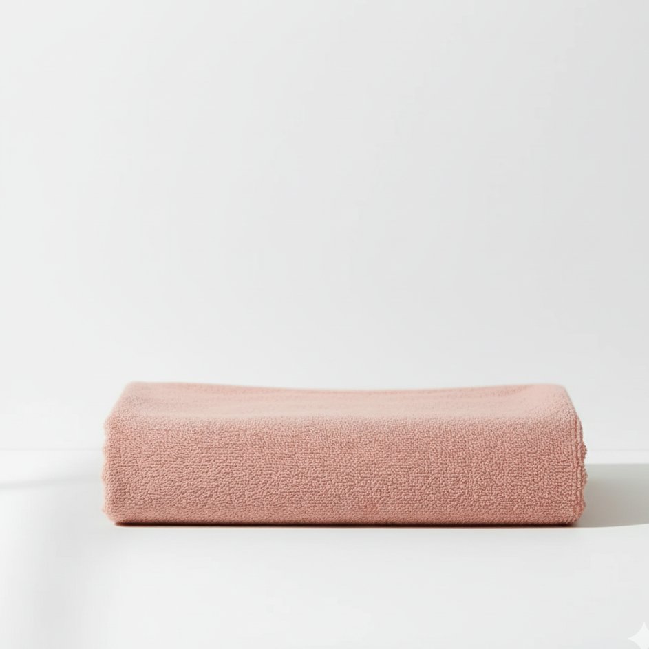 Rolled tea pink bath towel on a white surface.