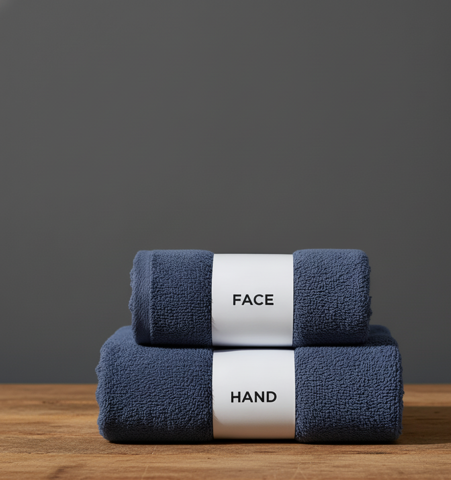 Navy face and hand towels stacked with labelled paper bands.