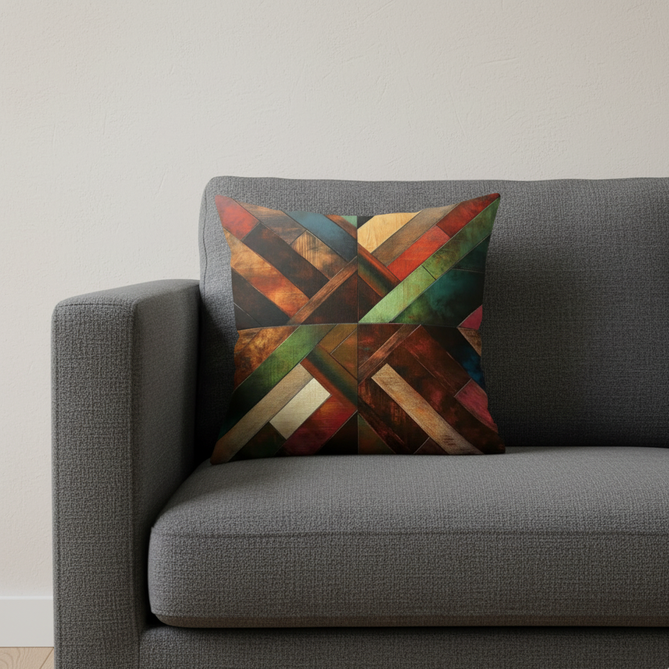Cushion cover with interwoven diagonal rust, green, ochre and brown bands.