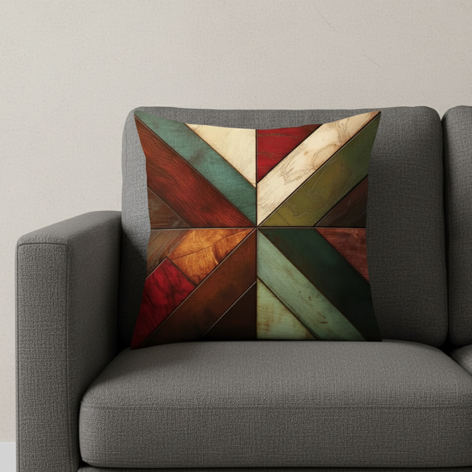Cushion cover with broad earthy coloured diagonal bands meeting at the centre.