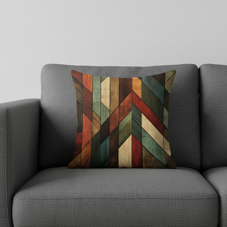 Cushion cover with earthy coloured vertical and chevron bands.