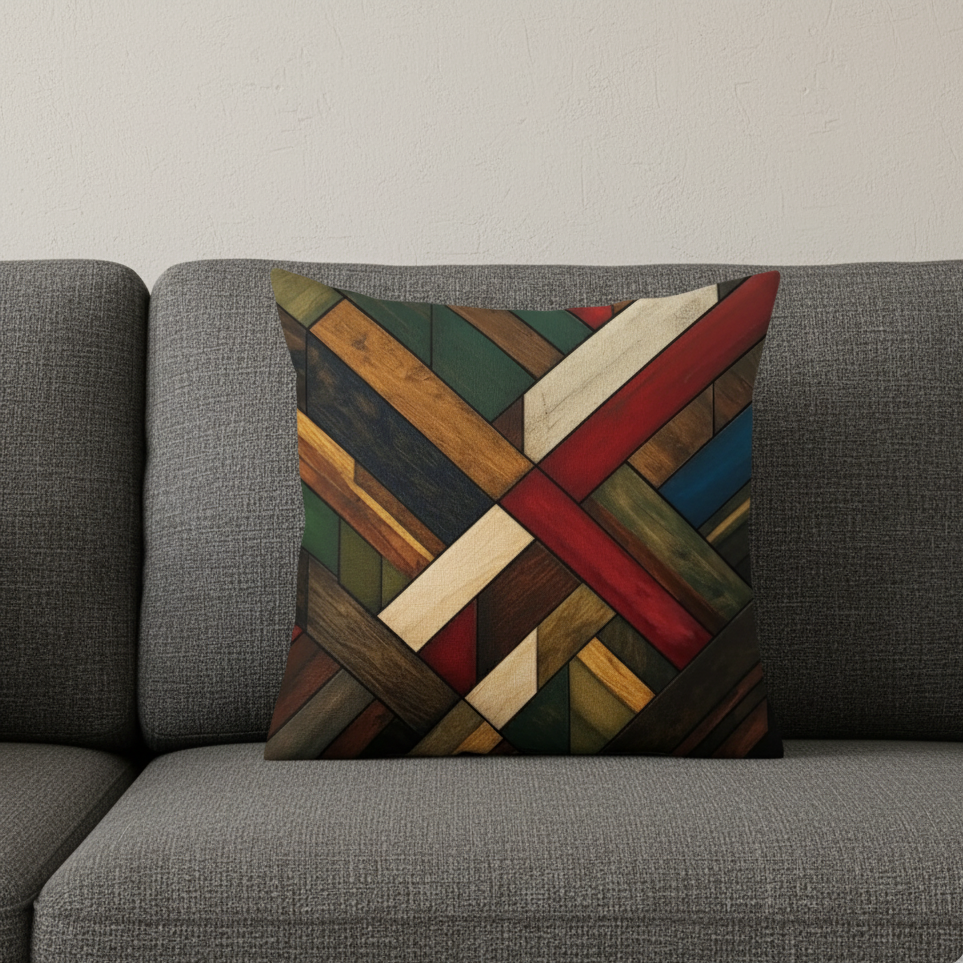 Cushion cover with crossed rust, ochre, green and cream diagonal bands.