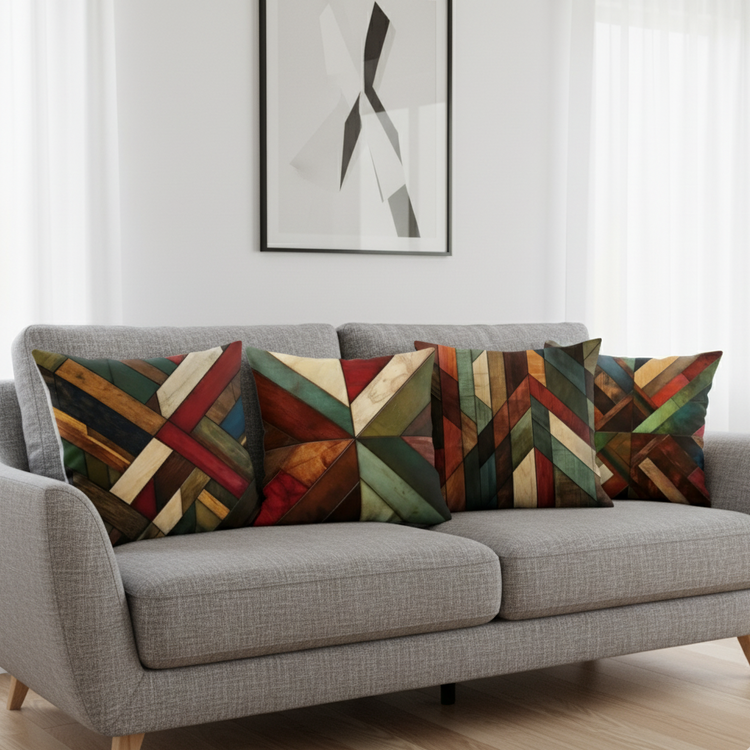 Four cushion covers with earthy multicoloured geometric bands on a grey sofa.