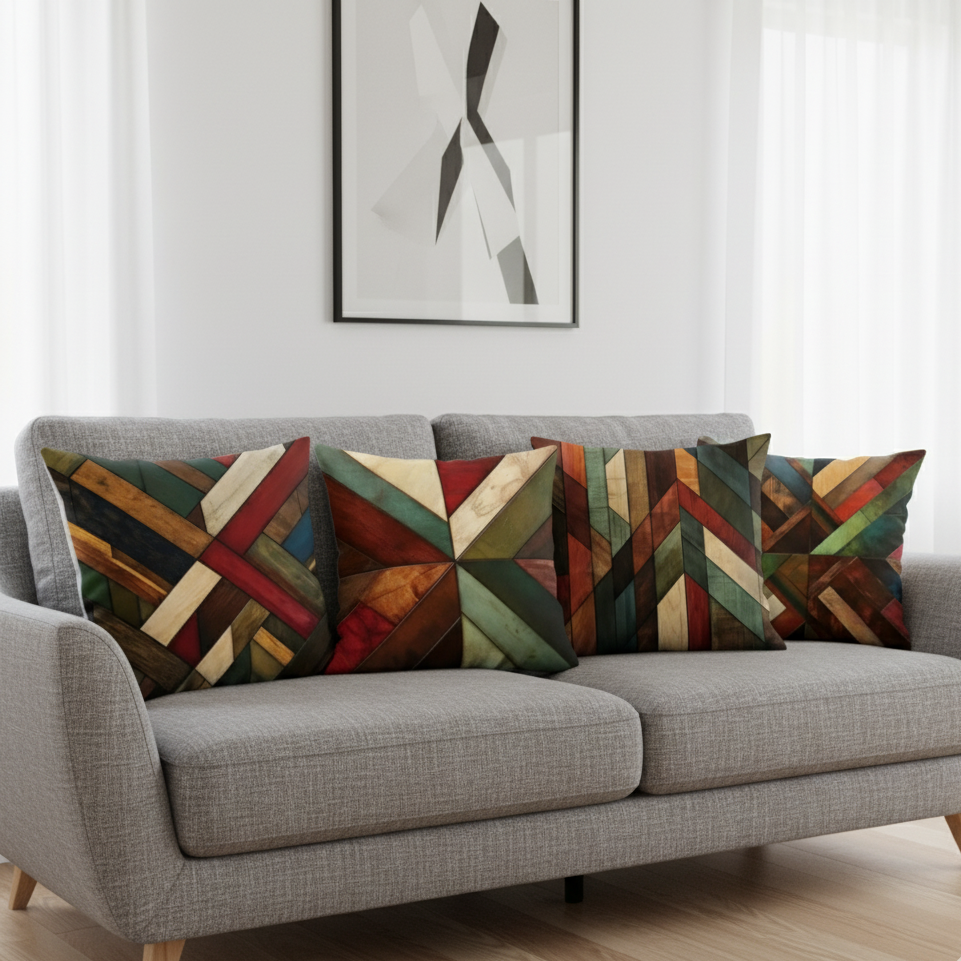 Four cushion covers with earthy multicoloured geometric bands on a grey sofa.