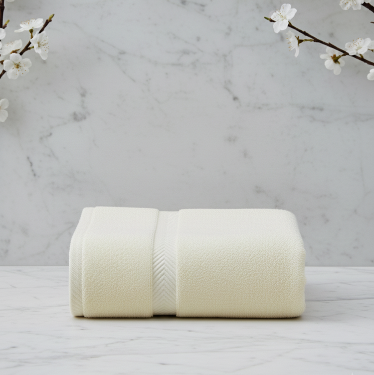 One folded cream plain towel with a woven border.