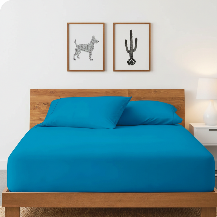 Teal cotton fitted sheet displayed on a double bed with matching pillowcases.