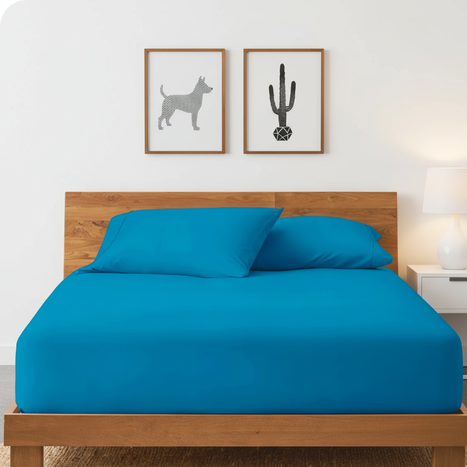 Teal cotton fitted sheet displayed on a double bed with matching pillowcases.