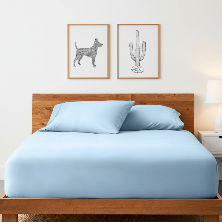 Sky blue cotton fitted sheet displayed on a double bed with matching pillowcases.