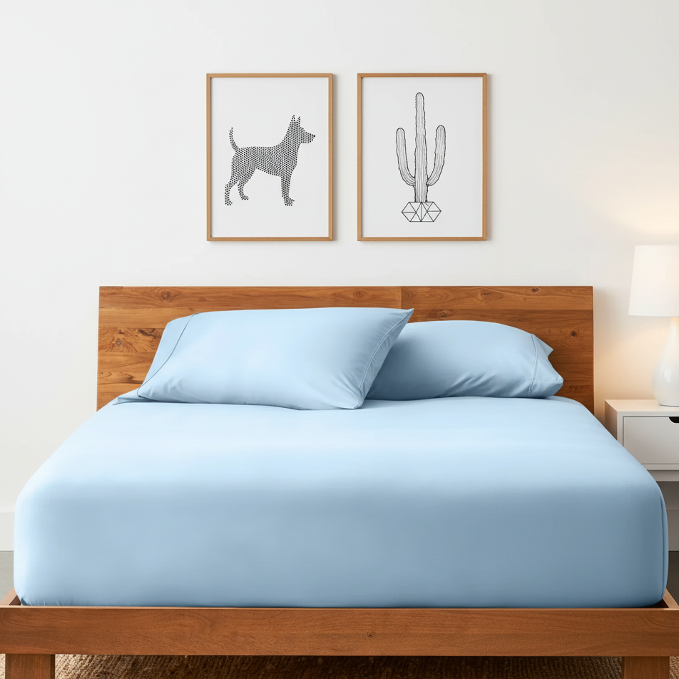 Sky blue cotton fitted sheet displayed on a double bed with matching pillowcases.