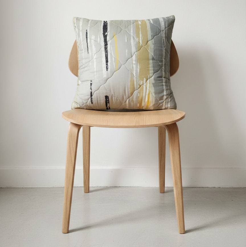 Cream cushion with grey and mustard vertical streaks displayed on a wooden chair.