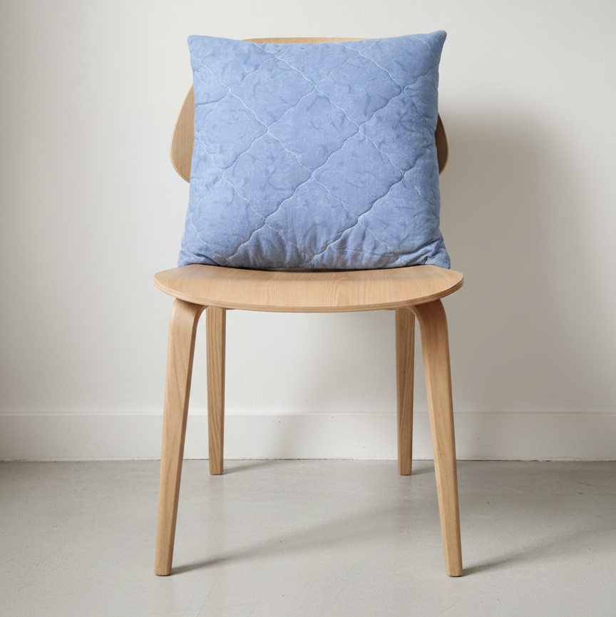 Light blue cushion with diagonal stitched detailing displayed on a wooden chair.