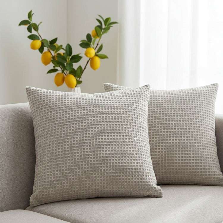 Two light neutral cushion covers with a small waffle texture displayed on a sofa.