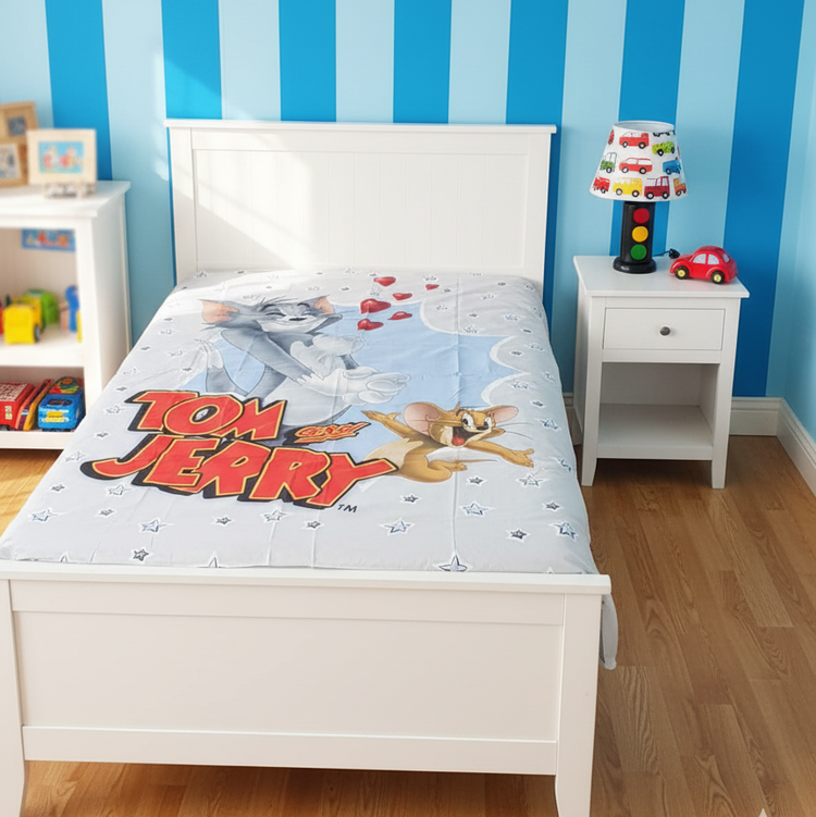 Grey children's bedsheet and pillowcase with a cartoon cat-and-mouse print.