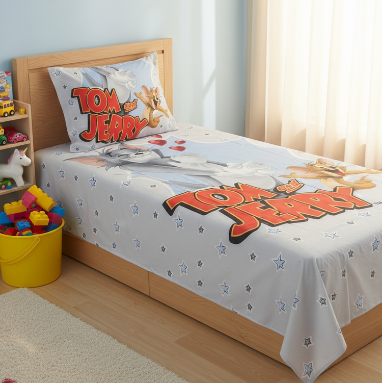 Grey children's bedsheet and pillowcase with a cartoon cat-and-mouse print.