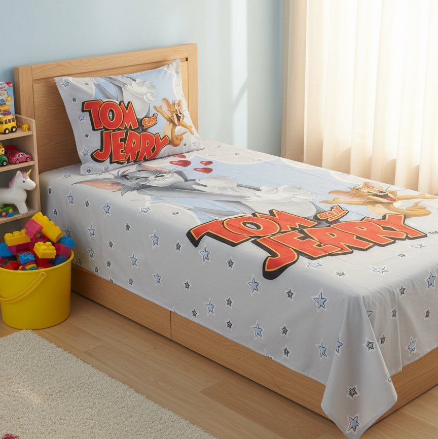 Grey children's bedsheet and pillowcase with a cartoon cat-and-mouse print.