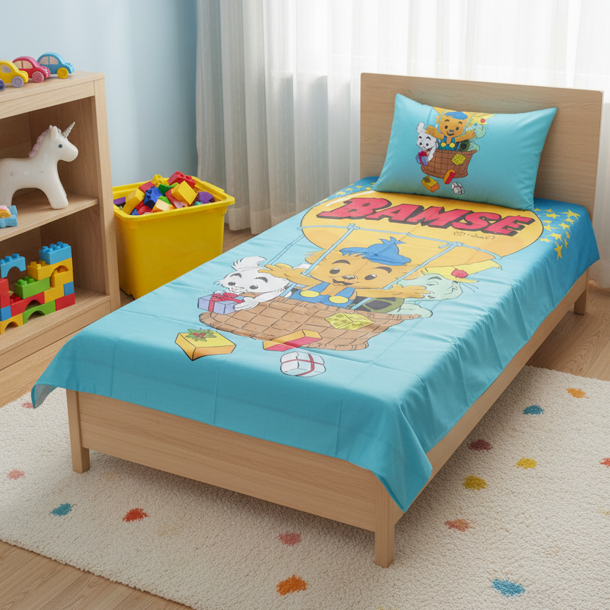 Turquoise children's bedsheet with a colourful cartoon hot-air-balloon design.