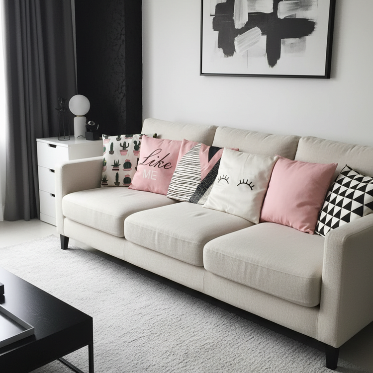 Pink, black and white plain and printed cushion covers arranged on a cream sofa.