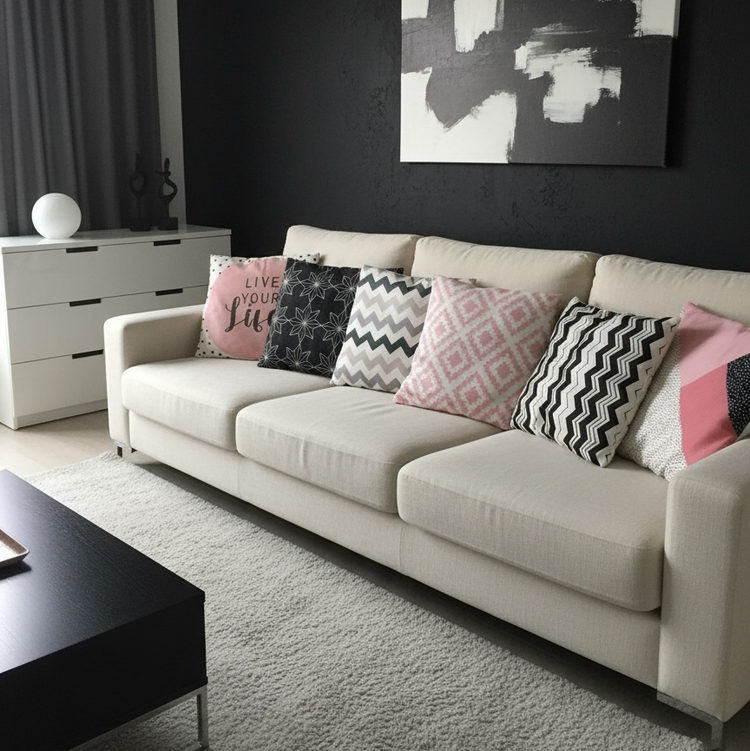 Pink, black and white cushion covers with checks, zigzags and geometric patterns on a sofa.