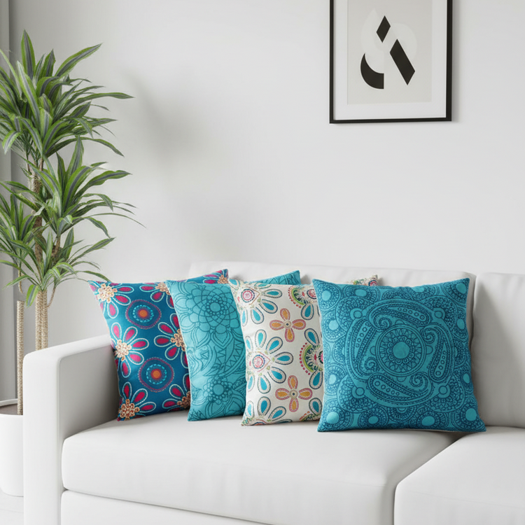 Four turquoise and navy floral cushion covers arranged on a white sofa.