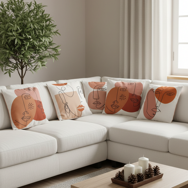 Cream cushion covers with terracotta abstract faces and shapes arranged on a corner sofa.