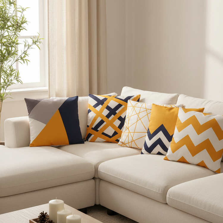 Mustard, navy, grey and white geometric cushion covers arranged on a corner sofa.