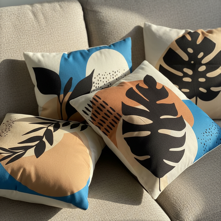 Close view of cushion covers with black monstera leaves over blue and peach shapes.