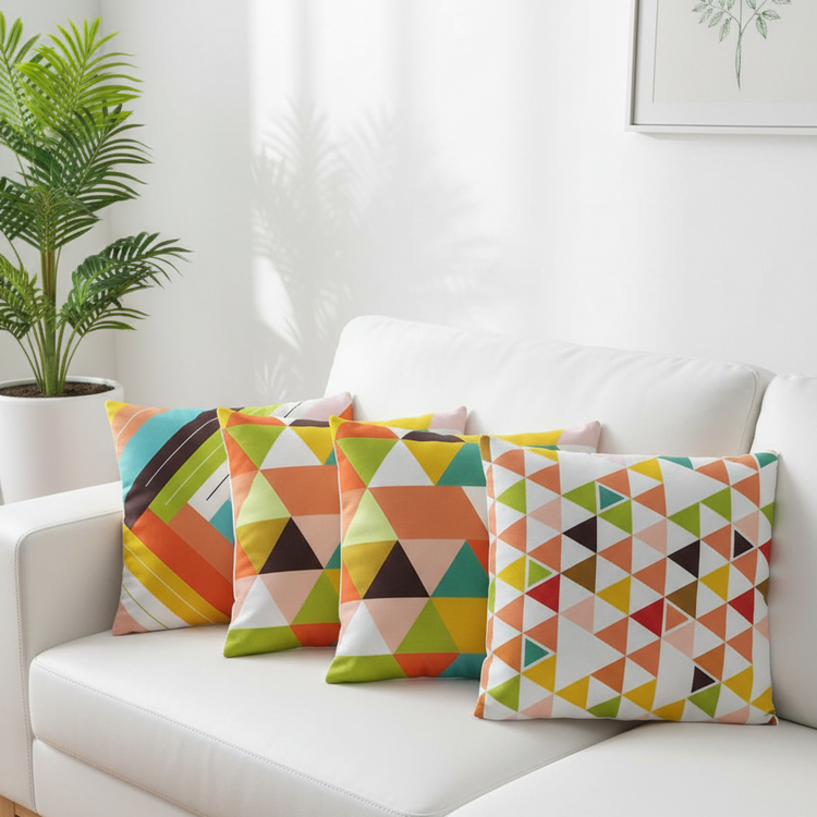 Four colourful triangle-pattern cushion covers arranged on a white sofa.