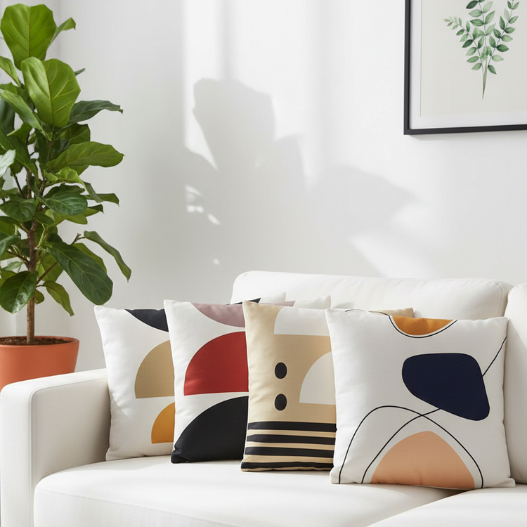 Four cream cushion covers with muted abstract circles, arches and line patterns on a sofa.