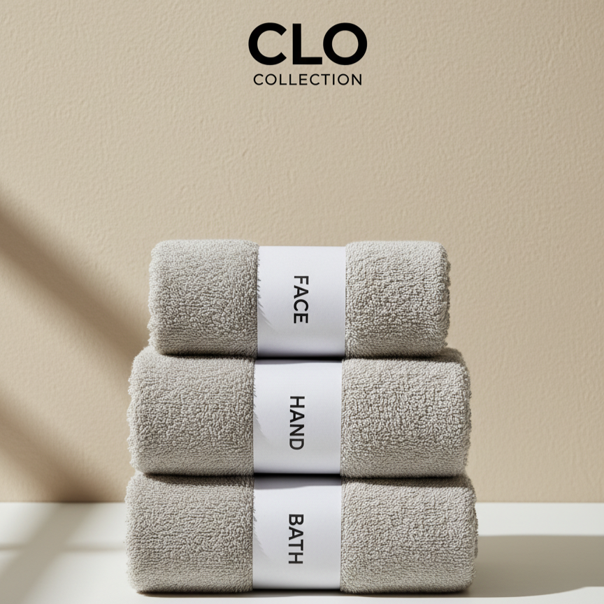 Grey face, hand and bath towels stacked with labelled paper bands.