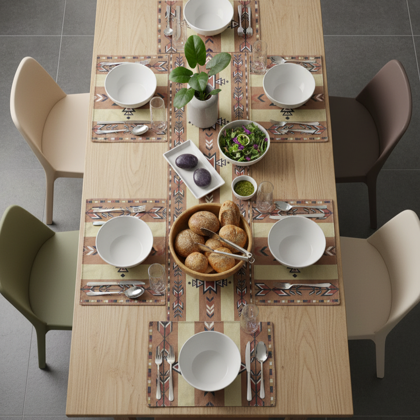 Neutral geometric table runner with matching placemats on a set dining table.
