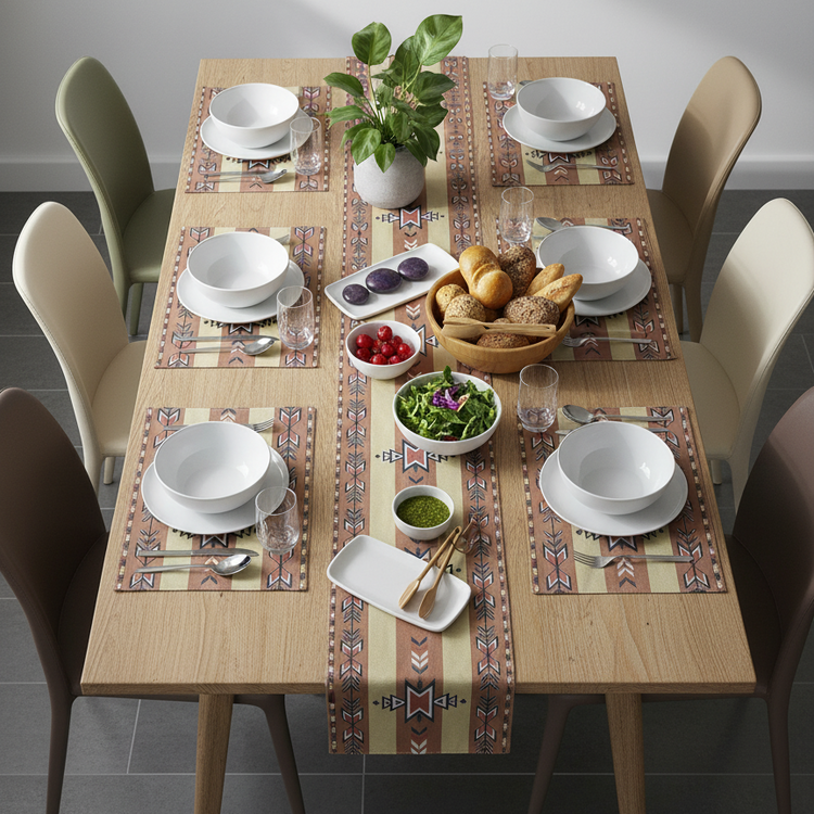 Neutral geometric table runner with matching placemats on a set dining table.