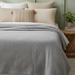 Light grey textured thermal blanket draped over a bed.