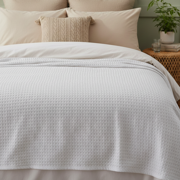 White textured thermal blanket draped over a bed.
