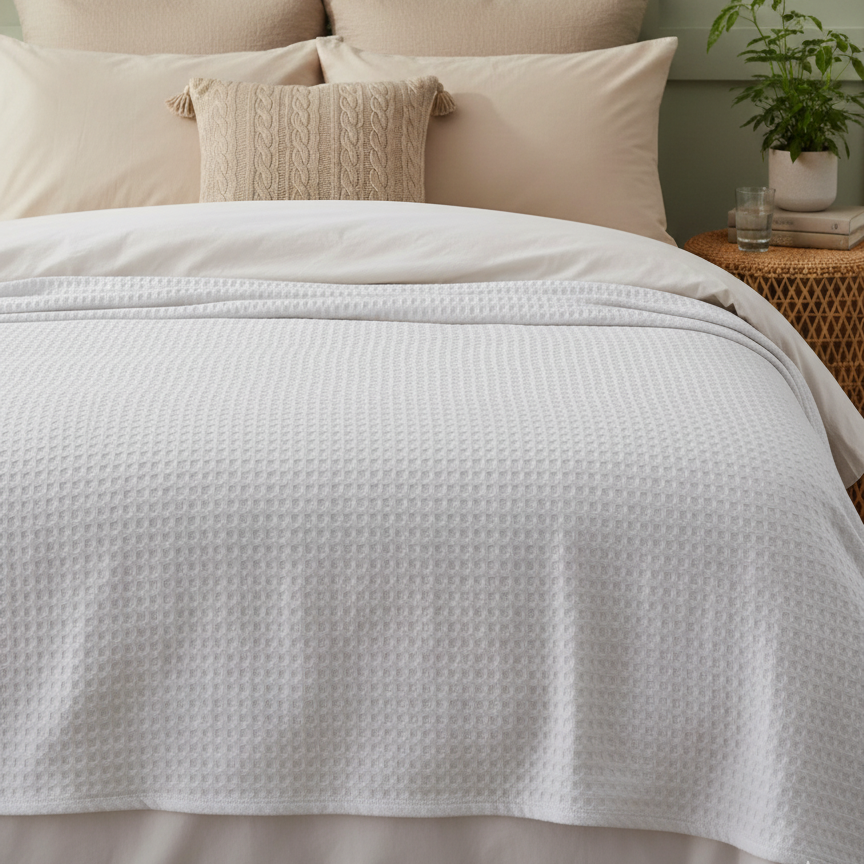 White textured thermal blanket draped over a bed.