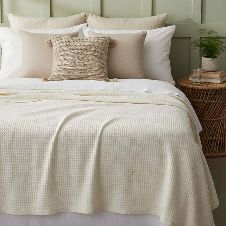 Off-white textured thermal blanket draped over a bed.