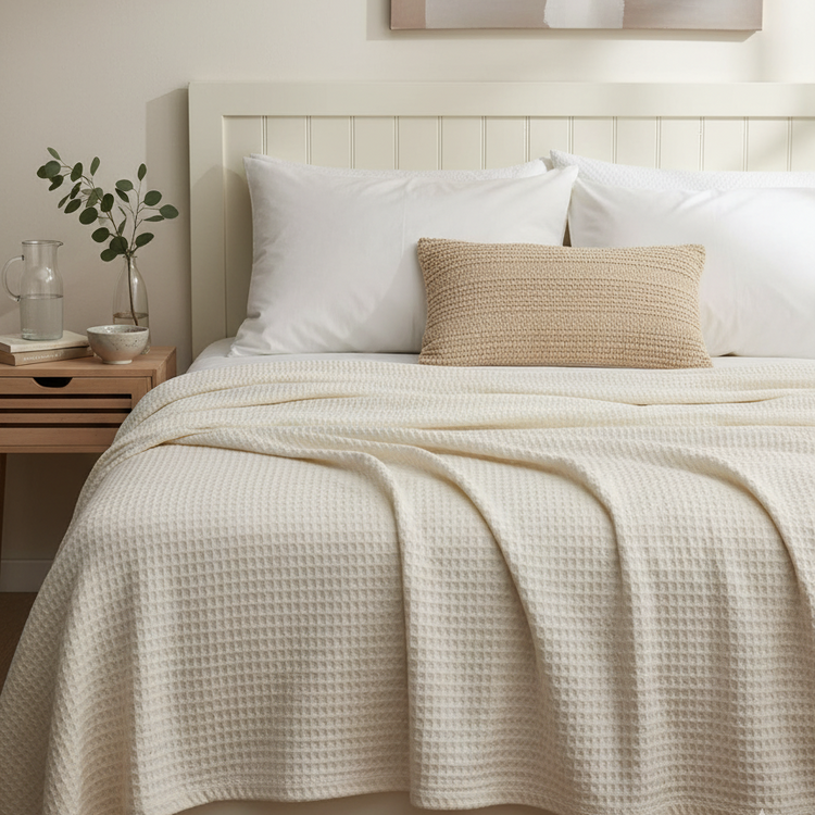 Off-white textured thermal blanket draped over a bed.
